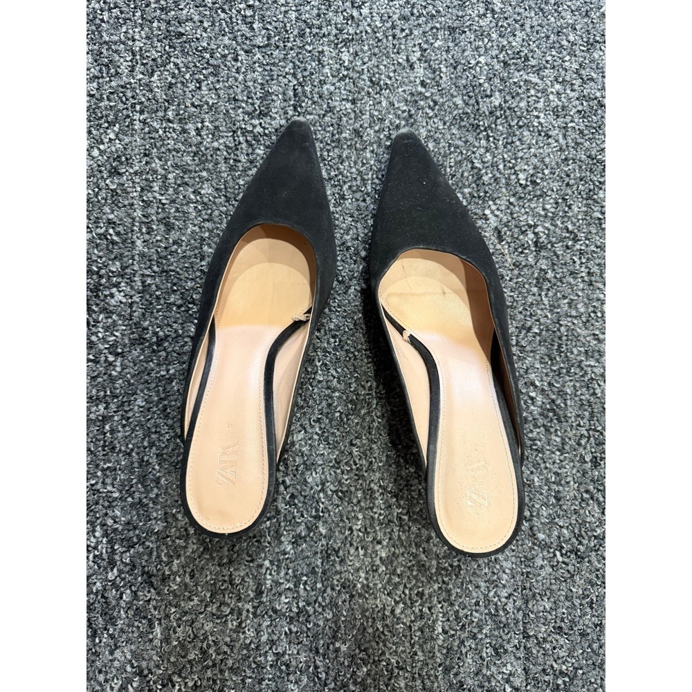 Zara Black Pointed Toe Mules Metallic Silver Kitten Heel Slip On Shoes Size 39